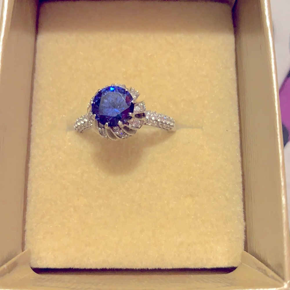 Blue topaz and white diamond sliver ring